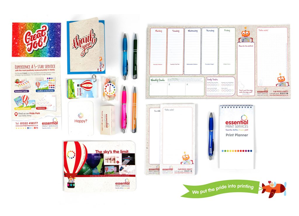 An example of printed items that will help promote your business; postcards, greeting cards, branded pens, flyers, brochures, notepads, calendars, deskpads and survey cards.